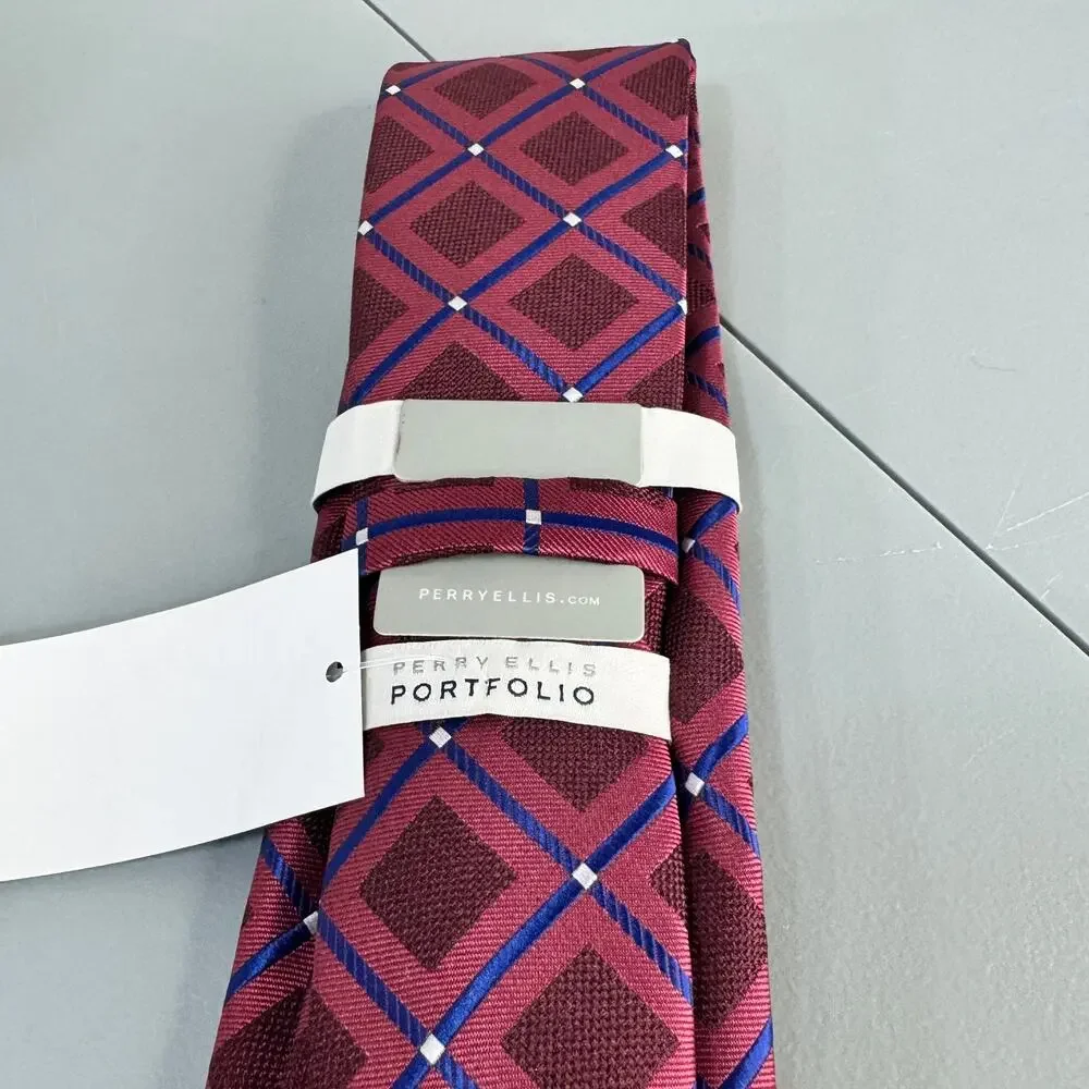 Perry‎ Ellis Portfolio Mens Necktie Hendry Grid Maroon Office Professional New